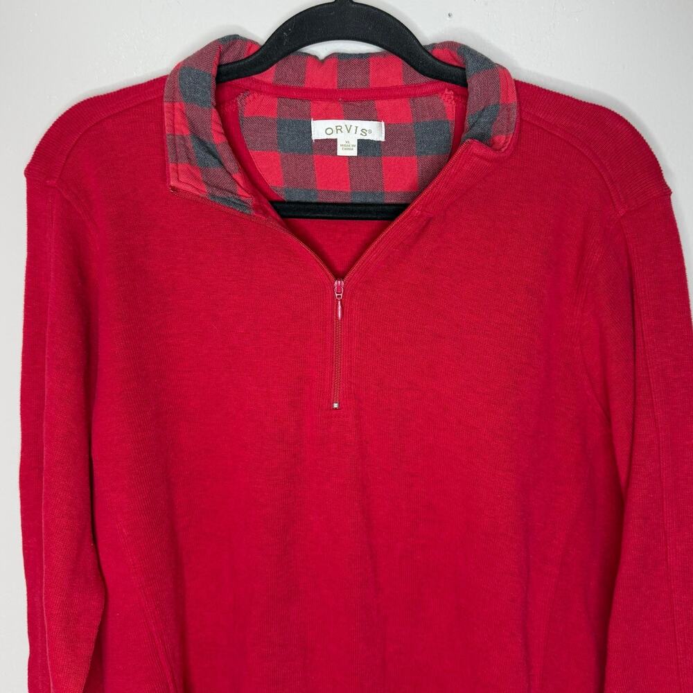 Orvis 1/2 Zip Pullover Mens Size XL Red Plaid Long Sleeve Tight Knit Sweater